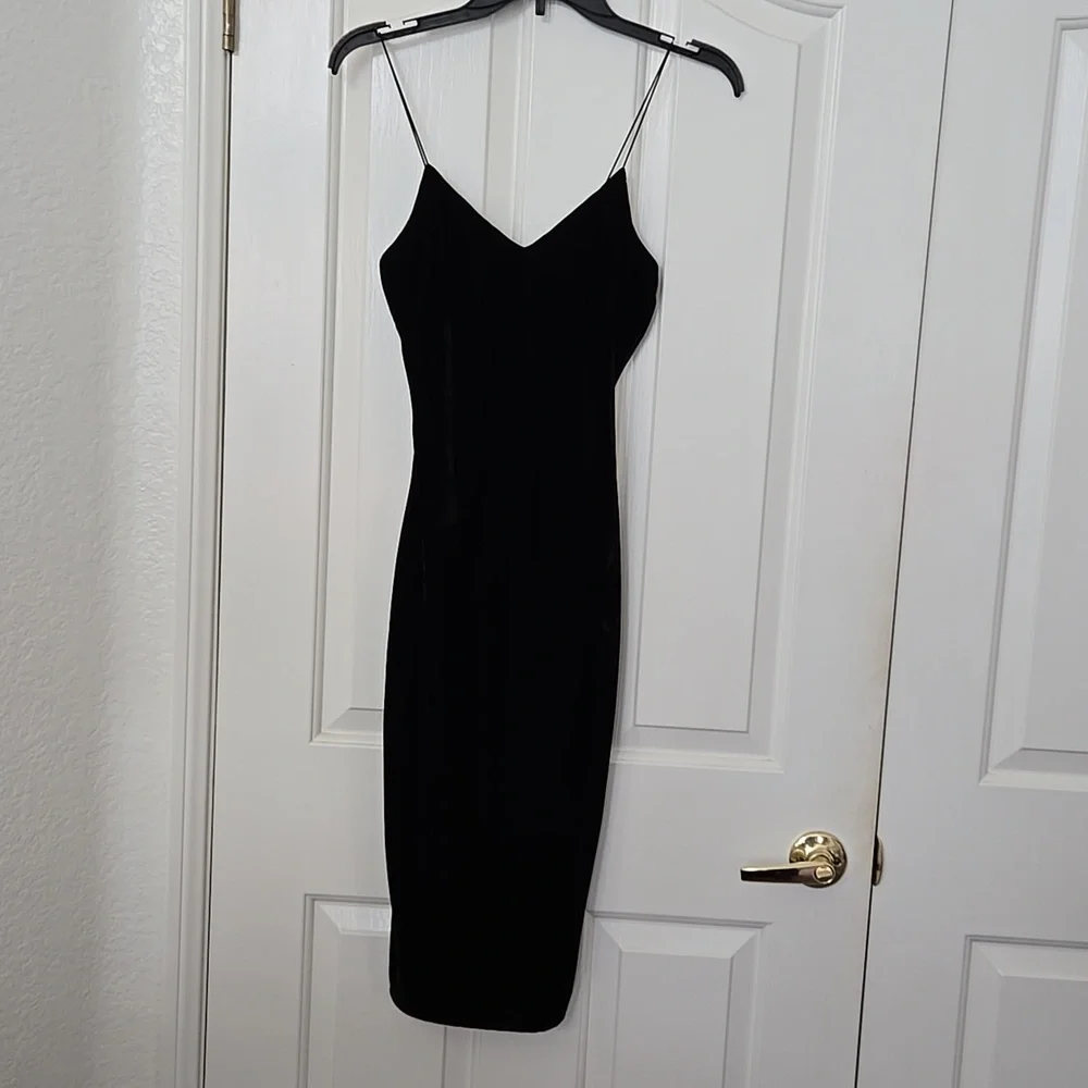 Black Velvet Midi Slip Dress Small | Stretchy Lined Bodycon by The Vintage Shop - Picture 1 of 9